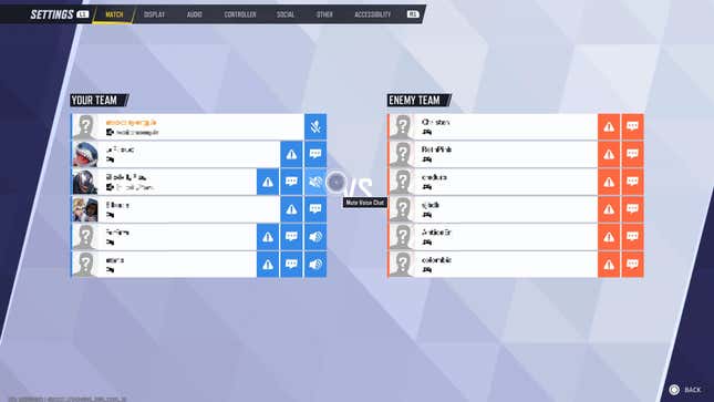 Pairing settings screen The cursor will highlight one teammate's muted voice chat.